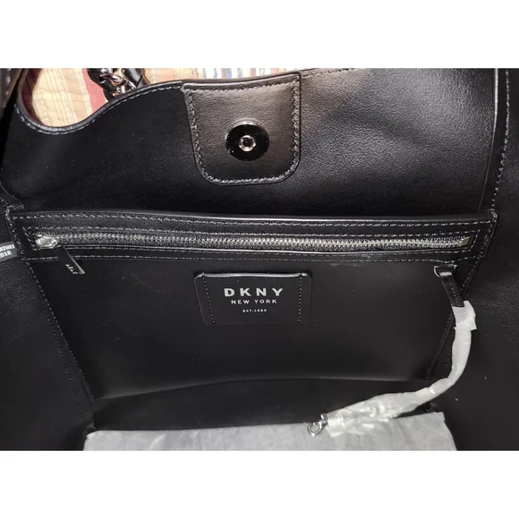 NWT DKNY Black Leather Hobo Shoulder Handbag Black w/ Silver Chain Accent - Picture 8 of 16